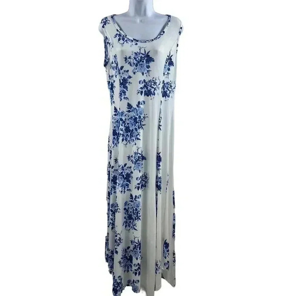 Lily By Firmiana Womens White Blue Floral Maxi Dress M Handkerchief Hem - Picture 3 of 12